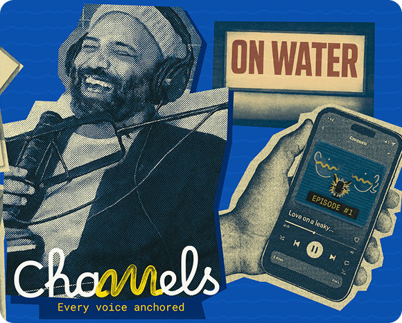 Channels project artwork featuring a boater, canal touchpoints, and audio storytelling