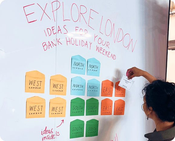 London Detour research wall with colourful location prompt cards